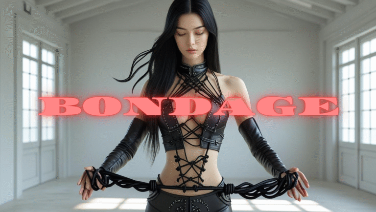 Asiatische Frau in schwarzer Bondage-Lederkleidung spielt mit Fesseln im hellen Raum