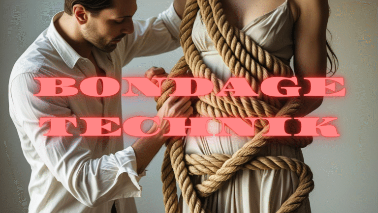 Mann in Leinenhemd fesselt Frau im Leinenkleid mit sinnlicher Bondage-Technik