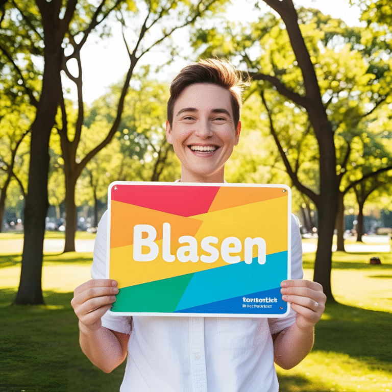 Junger erwachsener Mann hält ein buntes Schild mit der Aufschrift „Blasen“ in LGBTQ-Farben hoch und lacht dabei – ein positiver, offener Umgang mit Sexualität.