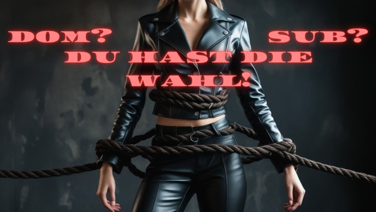 Gefesseltes Model in schwarzer Lederkleidung vor roter Neonschrift „Du hast die Wahl – Dom oder Sub“
