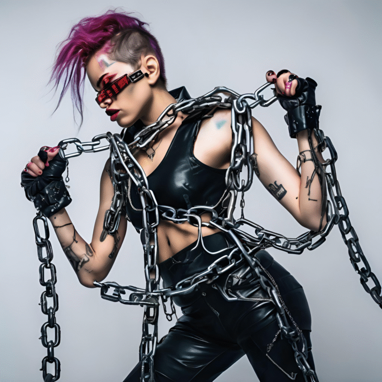 Cyberpunk-Kink Model in Lederoutfit mit pinken Haaren und Ketten vor düsterer Kulisse