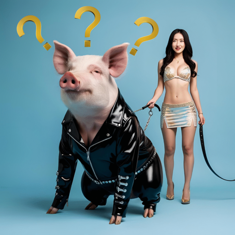 Asiatische Frau in schwarzem Lederoutfit hält Mann im Schweinekostüm an der Leine, Fragezeichen über ihm Pegging Analdominanz