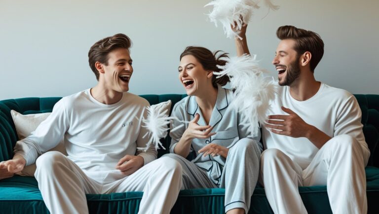 Drei leidenschaftliche Menschen auf der Couch, die beim Dreier die Federn fliegen lassen.