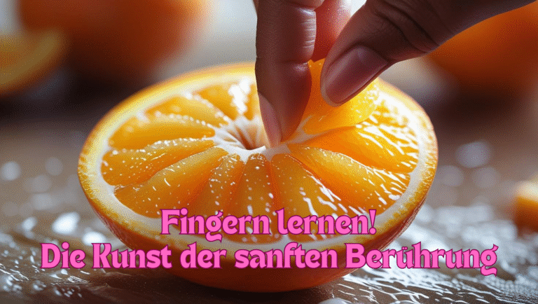 Zwei Finger gleiten in eine halbe Orange – Symbol für Fingern lernen
