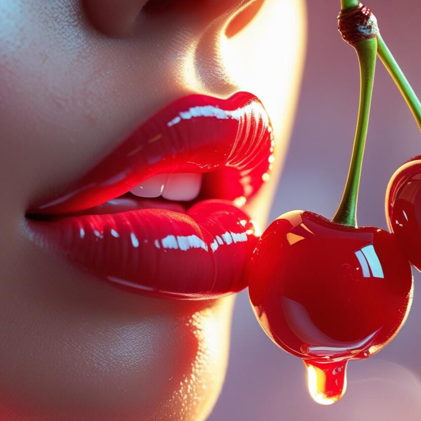 Nahaufnahme von glänzenden roten Lippen, die zwei reife, saftige Kirschen an einem Stiel sanft berühren, vor einem warm beleuchteten, weichen Hintergrund.