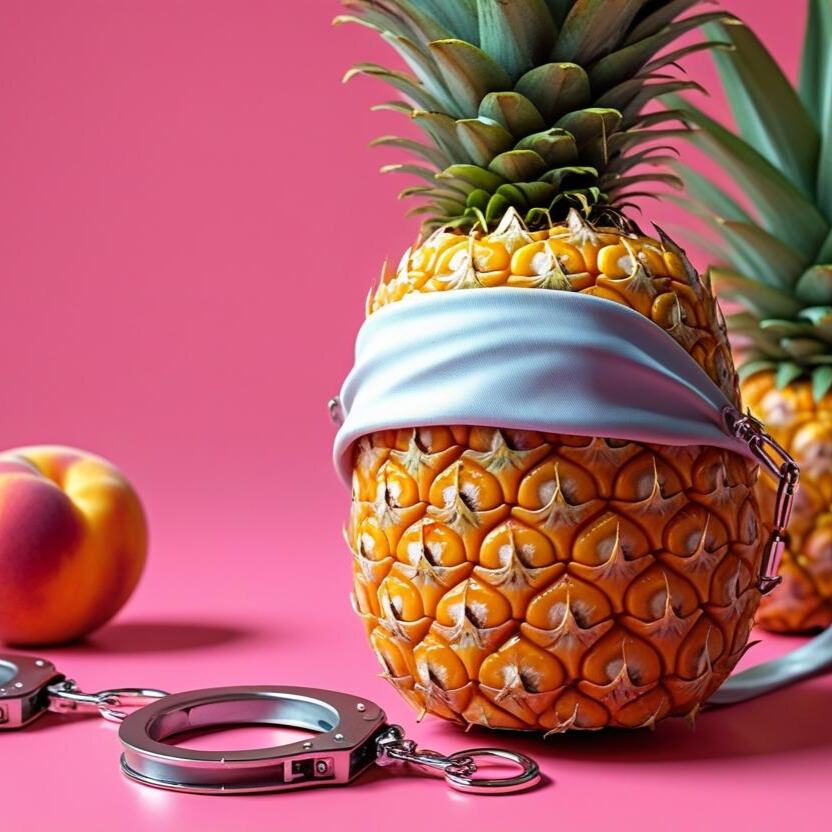 „Eine Ananas mit Augenbinde, angekettet an eine Leine, daneben liegen Handschellen. Im Hintergrund ein Pfirsich mit einer Reitgerte vor kräftigem pinkem Hintergrund.“