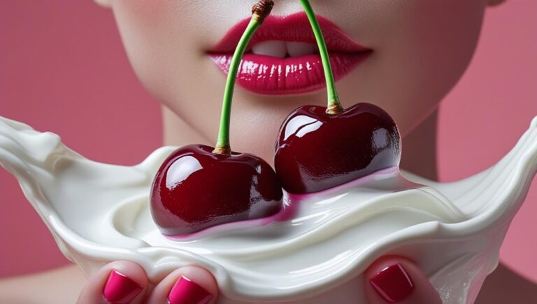 Zwei glänzende, tiefrote Kirschen am grünen Stiel vor geschlossenen Lippen, überzogen mit weißer Sahne, vor intensiv pinkem Hintergrund.