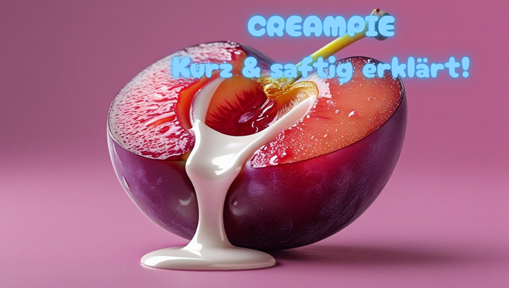 Halbierte Creampie Pflaume mit Sahnespur in der Mitte auf pinkem Hintergrund – symbolisch für weibliche Lust.
