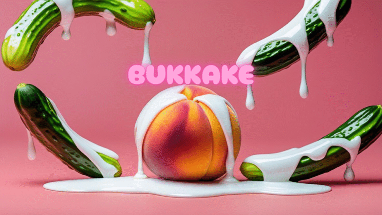 Künstlerisches Obststillleben mit einem Pfirsich in der Mitte, umgeben von gebogenen Bananen, aus denen weißer Joghurt spritzt – vor einem pinken Hintergrund. Bukkake und Gruppenerotik