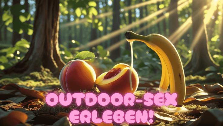 Symbolisches Stillleben mit einem geöffneten Pfirsich auf Waldboden und einer Banane, aus deren Ende Sahne in Richtung des Pfirsichs spritzt – humorvolle Darstellung mit Waldhintergrund, Sex im freien