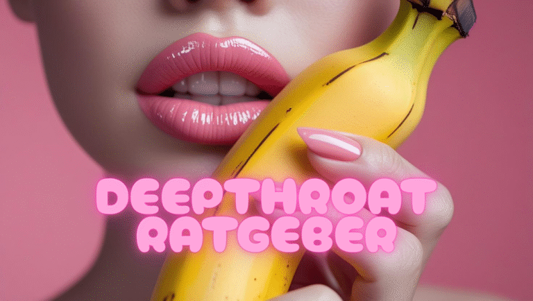 Nahaufnahme einer geschälten gelben Banane, die dicht an volle, glänzende Lippen mit leichtem Lippenstift gehalten wird, vor einem satten pinken Hintergrund. Deepthroat Oralverkehr
