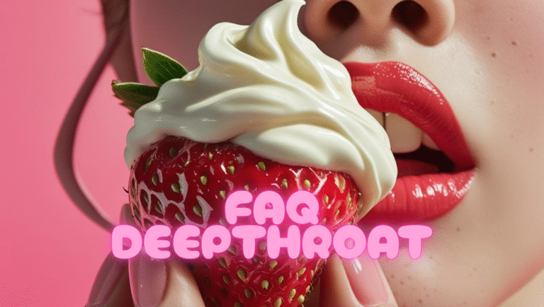 Frische Erdbeere mit weißer Sahne, gehalten von leicht geöffneten roséfarbenen Lippen vor kräftigem pinkem Hintergrund.