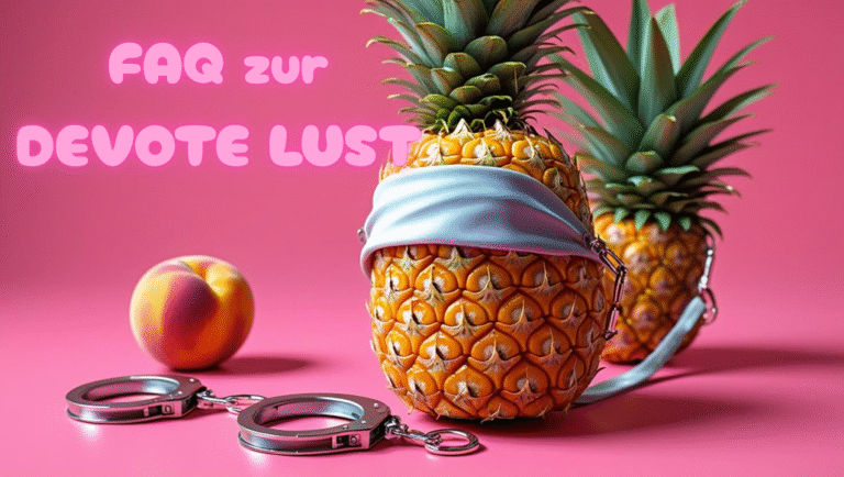 Ananas mit Augenbinde und Leine, daneben Handschellen; im Hintergrund ein Pfirsich mit Reitgerte vor pinkem Hintergrund