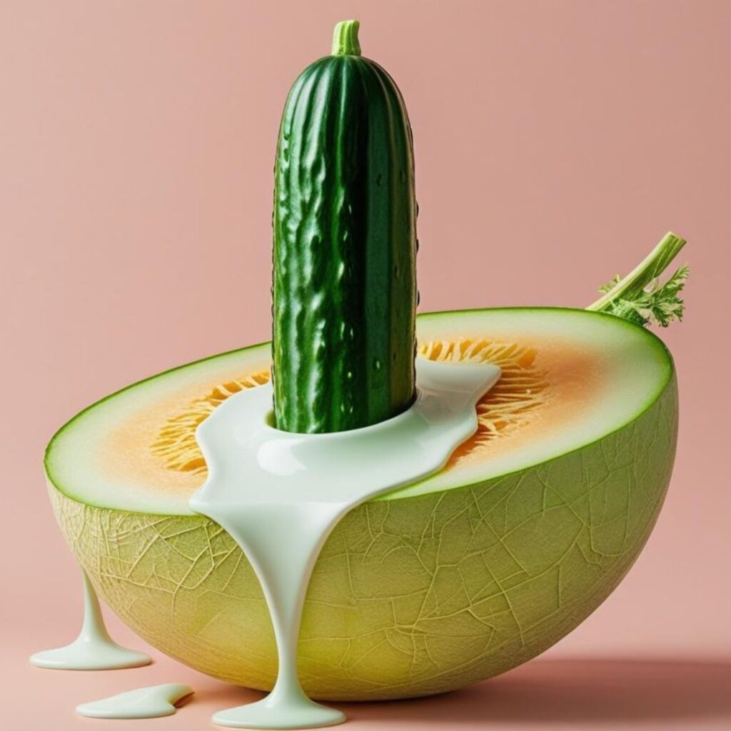 Illustration von einer Gurke und einer aufgeschnittenen Melone mit Sahne, humorvoll arrangiert wie bei einer witzigen Obst-und-Gemüse-Party, bunte Cartoon-Optik