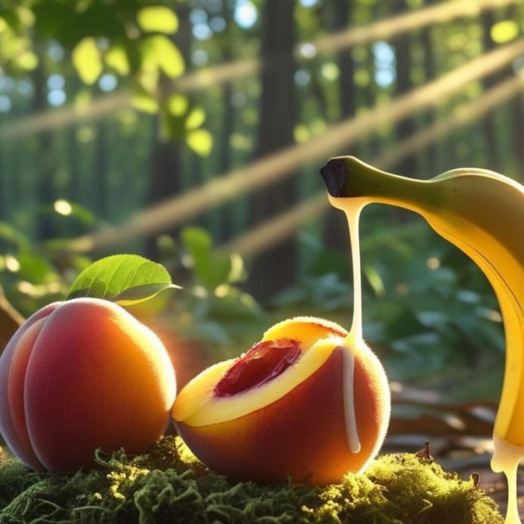 Illustration von zwei Pfirsichen und einer Banane im Wald, mit Sahne auf der Banane und Sonnenstrahlen, die durch die Baumkronen scheinen, humorvoll dargestellt.
