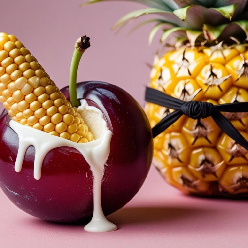 Illustration eines Maiskolbens, der in eine Pflaume gesteckt ist, aus deren Mitte weiße Sahne quillt; daneben steht eine Ananas mit Augenbinde, alles vor einem pastellrosa Hintergrund.