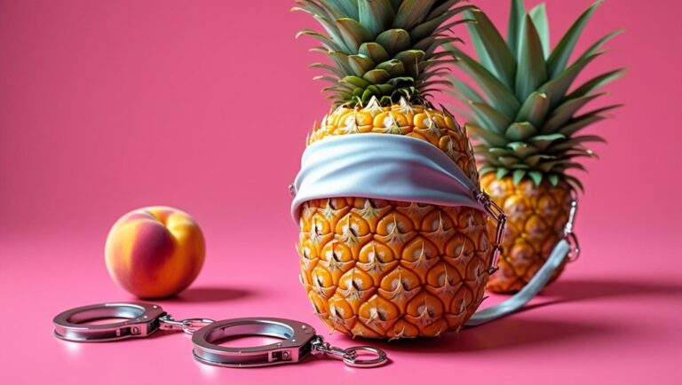 Ananas mit Augenbinde an Leine gefesselt, Handschellen daneben, Pfirsich mit Reitgerte im Hintergrund – symbolisches BDSM-Fruchtmotiv
