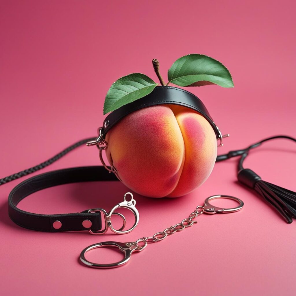 Illustration eines Pfirsichs mit schwarzer Lederaugenbinde, der an eine Leine gekettet ist; daneben liegen Handschellen und eine Peitsche, vor einem pinken Hintergrund.