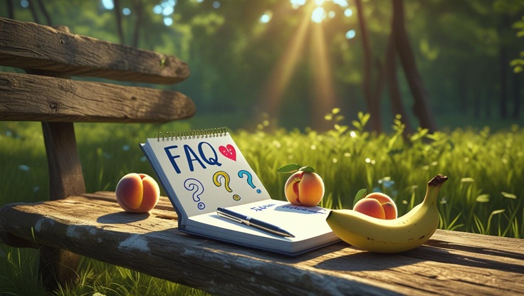 Symbolisches FAQ-Stillleben: Ein aufgeschlagenes Notizbuch mit Fragen, einem Kugelschreiber, einer angebissenen Banane und einem zerdrückten Pfirsich auf einer Holzbank im Grünen. Wald, Wiese und Sonnenlicht im Hintergrund.
