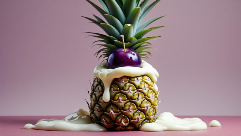 Pflaume sitzt humorvoll auf einer Ananas, weißer Zuckerguss spritzt leicht hervor, Pastellrosa Hintergrund