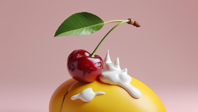 Kirsche sitzt auf Mango, weißer Zuckerguss tritt leicht aus, vor pastellrosa Hintergrund, humorvolle Darstellung