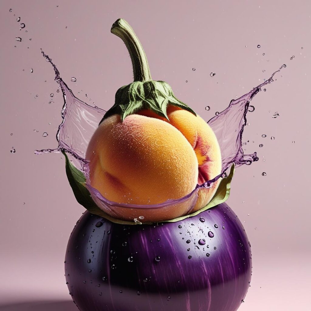Illustration eines Pfirsichs, der fest auf einer Aubergine sitzt; links und rechts spritzt Wasser heraus, vor einem hellen pastellrosa Hintergrund.