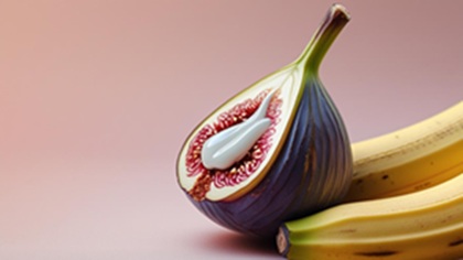 Geöffnete Feige und gebogene Banane nebeneinander – symbolisches Bild für intime Nähe auf zartem Hintergrund.