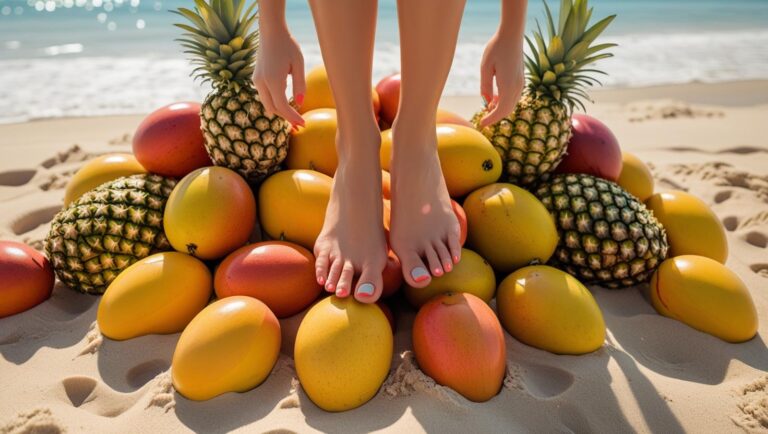 Schöne weibliche Füße im feinen Sand eines sonnigen Strandes, umgeben von einem Haufen glänzender exotischer Früchte.