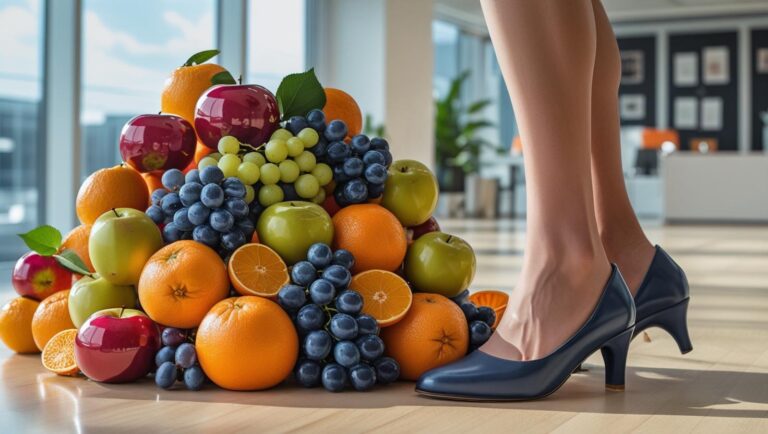 Elegante weibliche Füße in hohen Schuhen oder barfuß auf einem Büroboden, umgeben von einem Haufen glänzender, farbenfroher Früchte.