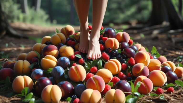 Fußfetisch Elegante weibliche Füße im weichen Waldboden, umgeben von einem Haufen glänzender, farbenfroher Früchte zwischen Moos und Blättern.