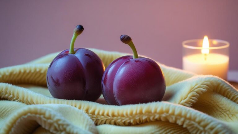 Zwei Pflaumen liegen auf einer pastellgelben samtigen Decke, daneben steht eine Kerze vor einem pastellrosa Hintergrund.