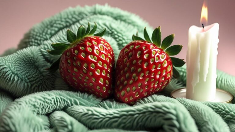 Zwei Kirschen liegen auf einer pastellblauen samtigen Decke, daneben steht eine Kerze vor einem pastellrosa Hintergrund.
