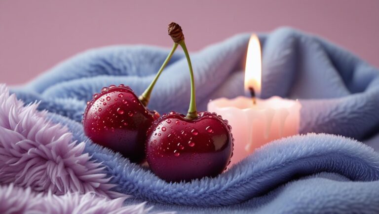 Zwei rote Kirschen auf einer pastellblauen samtigen Decke mit einer Kerze vor einem pastellrosa Hintergrund.