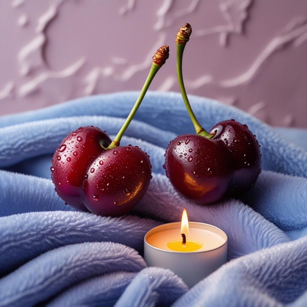Zwei Kirschen auf pastellblauer samtiger Decke mit Kerze vor pastellrosa Hintergrund.