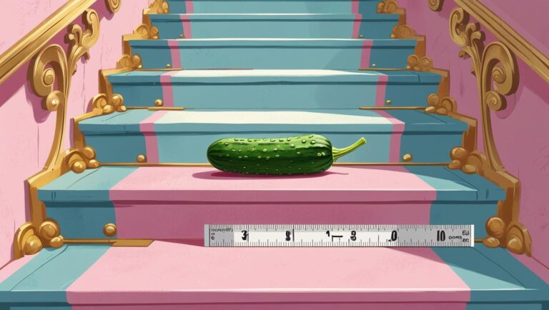 Zu kleine Gurke mit Maßband im pastellfarbenen Squid-Game-Treppenhaus