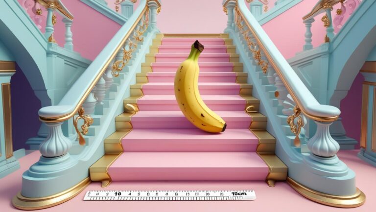 Kleine Banane unter 10 cm mit Maßband im Squid-Game-Treppenhaus in Pastellfarben