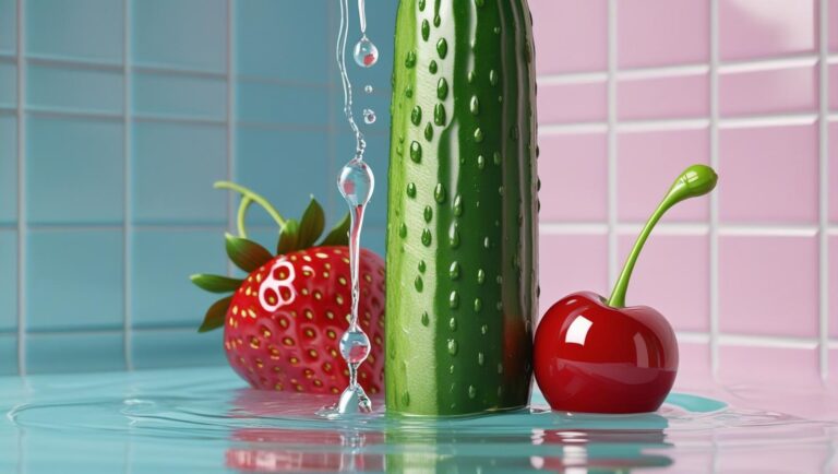 Aufrecht stehende Gurke mit Wasserstrahl zur Erdbeere, vor Kirschen, in einem pastellblauen Badezimmer mit rosa Fugen – realistisch dargestellt