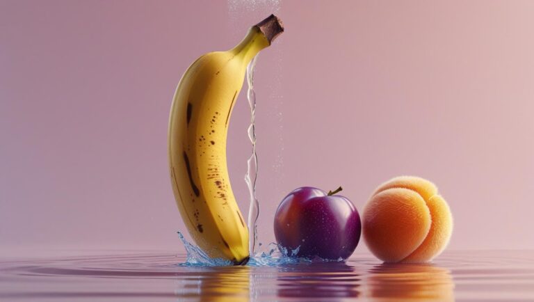 Banane steht aufrecht für Natursekt vor einer Pflaume und einem Pfirsich, aus der Mitte der Banane schießt ein Wasserstrahl zur Pflaume, auf pastellrosa Hintergrund