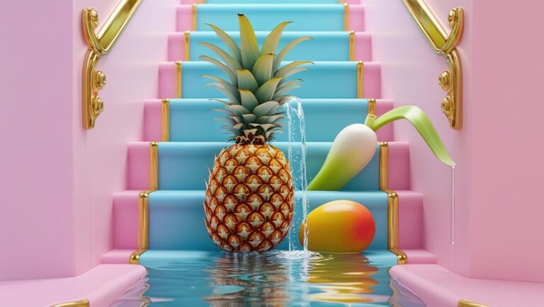 Surreale Szene mit einer aufrecht stehenden Ananas, die einen Wasserstrahl auf eine Mango im pastellfarbenen Squid-Game-Treppenhaus schießt
