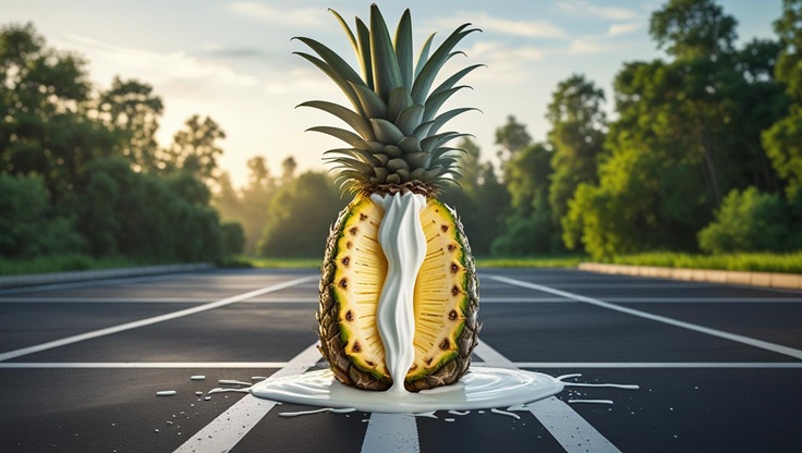 Erotisch-symbolisches Stillleben mit einer halbierten Ananas, in die eine Banane steckt. Sahne läuft aus der Kontaktstelle. Szene auf einem verlassenen Parkplatz mit Wald im Hintergrund, warmes Nachmittagslicht. Outdoor-Sex