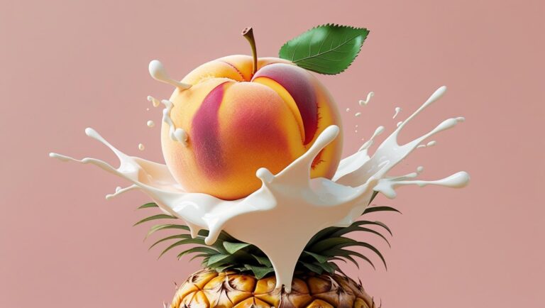 Pfirsich sitzt auf Ananas, Zuckerguss tritt leicht aus, vor pastellrosa Hintergrund was Face-Sitting symbolisiert
