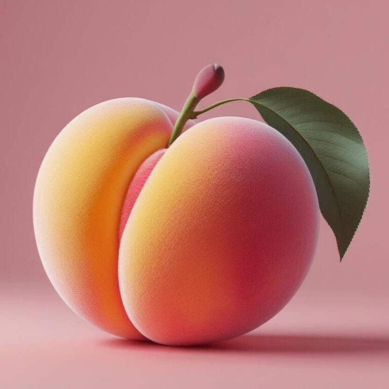 „Ein einzelner reifer Pfirsich vor zartrosa Hintergrund, rund und weich dargestellt, in einem farbenfrohen surrealistischen Kunststil.“