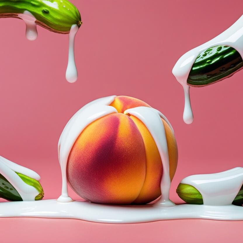 Ein Pfirsich, mit Sahne bedeckt, umringt von mehreren Gurken vor rosa Hintergrund – sinnbildliche erotische Darstellung.