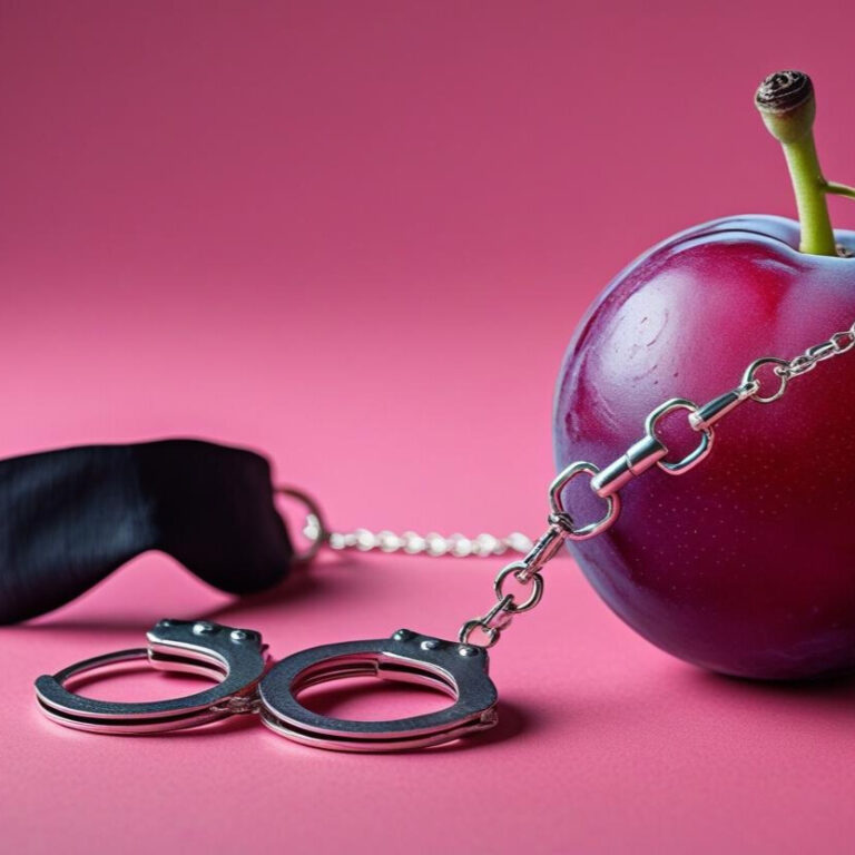 Eine Pflaume mit Augenbinde, an eine Leine gekettet, daneben liegen Handschellen, vor kräftig pinkem Hintergrund.