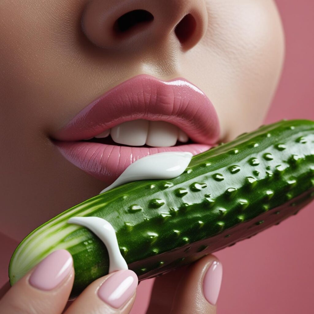 Nahaufnahme einer grünen Gurke vor vollen, glänzenden Lippen mit leichtem Lippenstift; aus dem Mund läuft weiße Sahne, vor einem satten pinken Hintergrund mit weichem Licht.