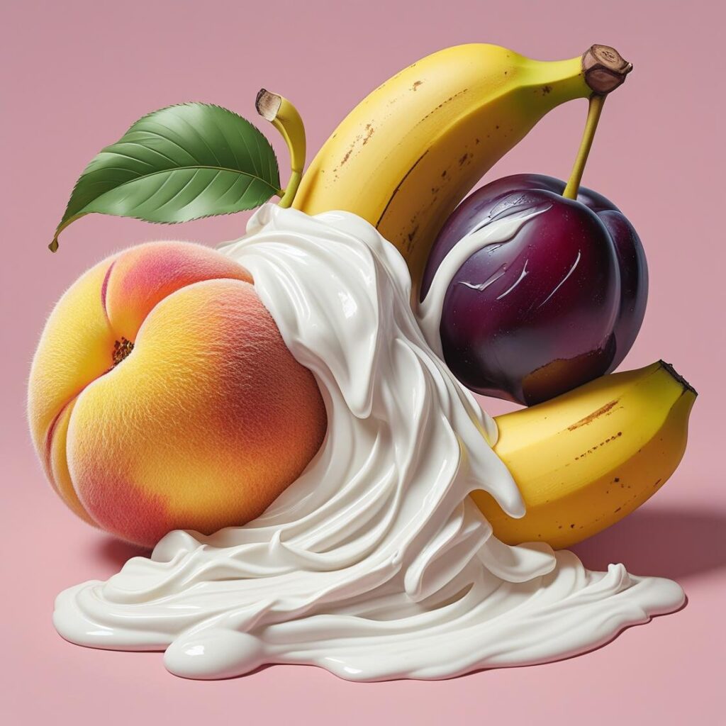 Illustration von einem Pfirsich und einer Pflaume, die sich links und rechts an eine Banane schmiegen; aus der Pflaume läuft weiße Sahne, vor einem pastellrosa Hintergrund.