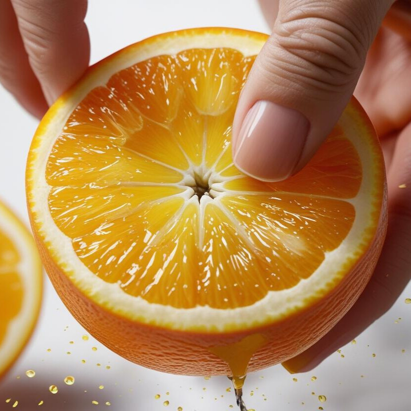 Nahaufnahme einer halbierten Orange, in die zwei Finger sanft hineingesteckt sind, als würden sie die Struktur der Frucht ertasten, vor schlichtem Hintergrund.