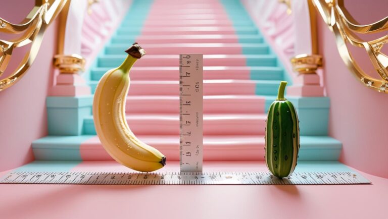 Banane und Gurke unter 10 cm mit Meterstab im pastellfarbenen Squid-Game-Treppenhaus. Zeigt kleiner Penis und Minipimmel