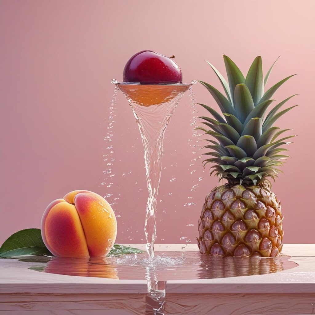 Illustration eines Pfirsichs links und einer Pflaume rechts, beide leicht erhöht positioniert; aus ihrer Unterseite spritzt jeweils ein Wasserstrahl bogenförmig zur Mitte auf eine am Boden liegende Ananas, vor pastellrosa Hintergrund.
