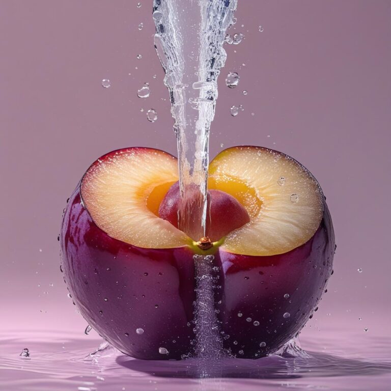 Illustration einer Pflaume, aus deren mittlerer Falte ein starker Wasserstrahl hervorschießt, vor einem hellen pastellrosa Hintergrund.